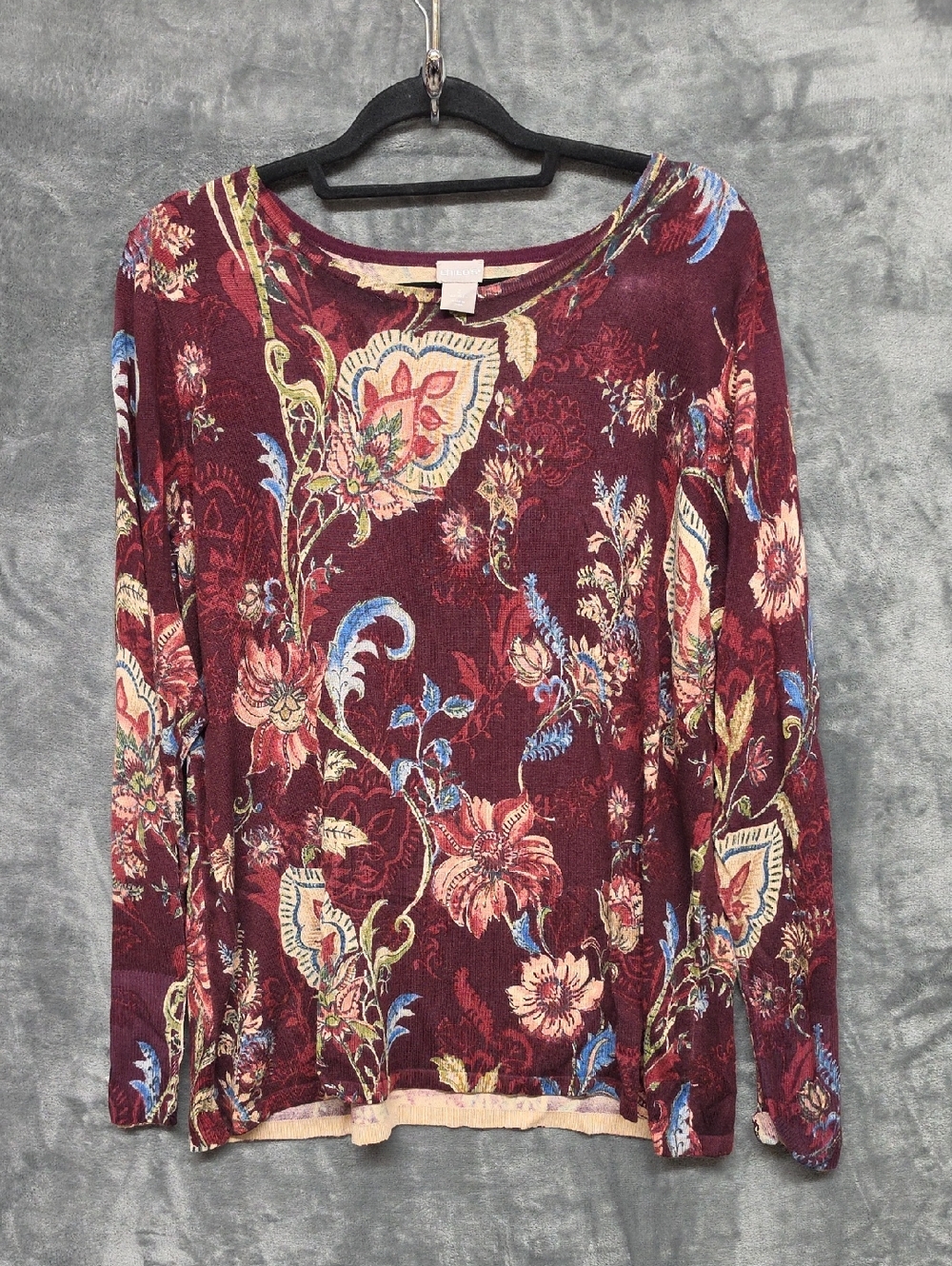 Chico's Burgundy Floral Scoop-Neck Long Sleeve Sweater sz 2( Large)